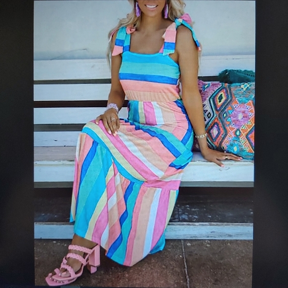 082. Multicolor Color Block Striped BowKnot Straps Maxi Dress  Size M - Picture 2 of 16